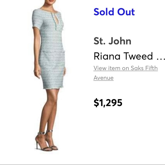 St. John Collection ‘Riana’ Tweed Fringe Split-neck Mint Green & Blue Dress - Picture 6 of 16